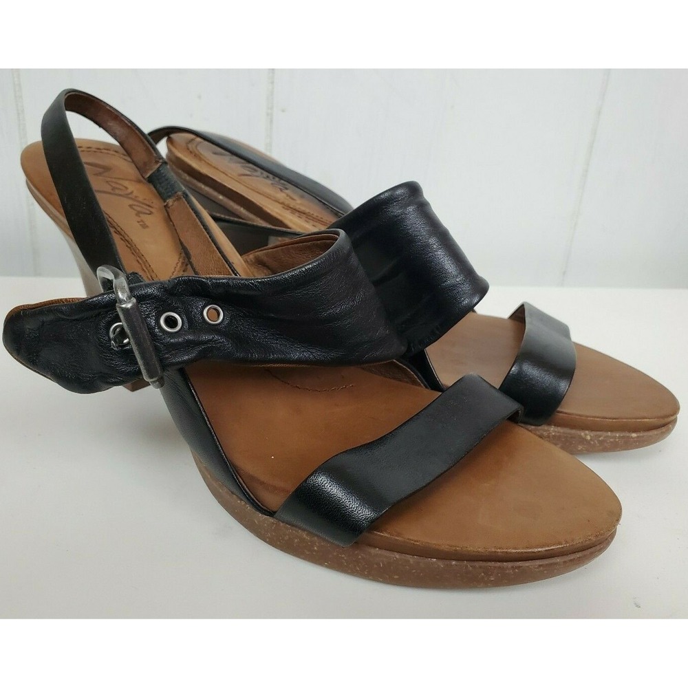 Naya Sandals Size 9,5W  alamosa Black Leather Brown Heels Shoes Womens